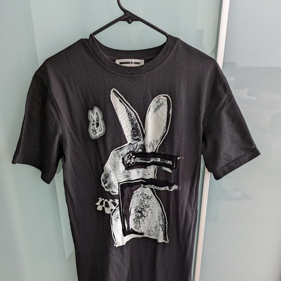 McQ Alexander McQueen Black & White Glitch Bunny Slouch T-Shirt Dress, Medium - Picture 2 of 3